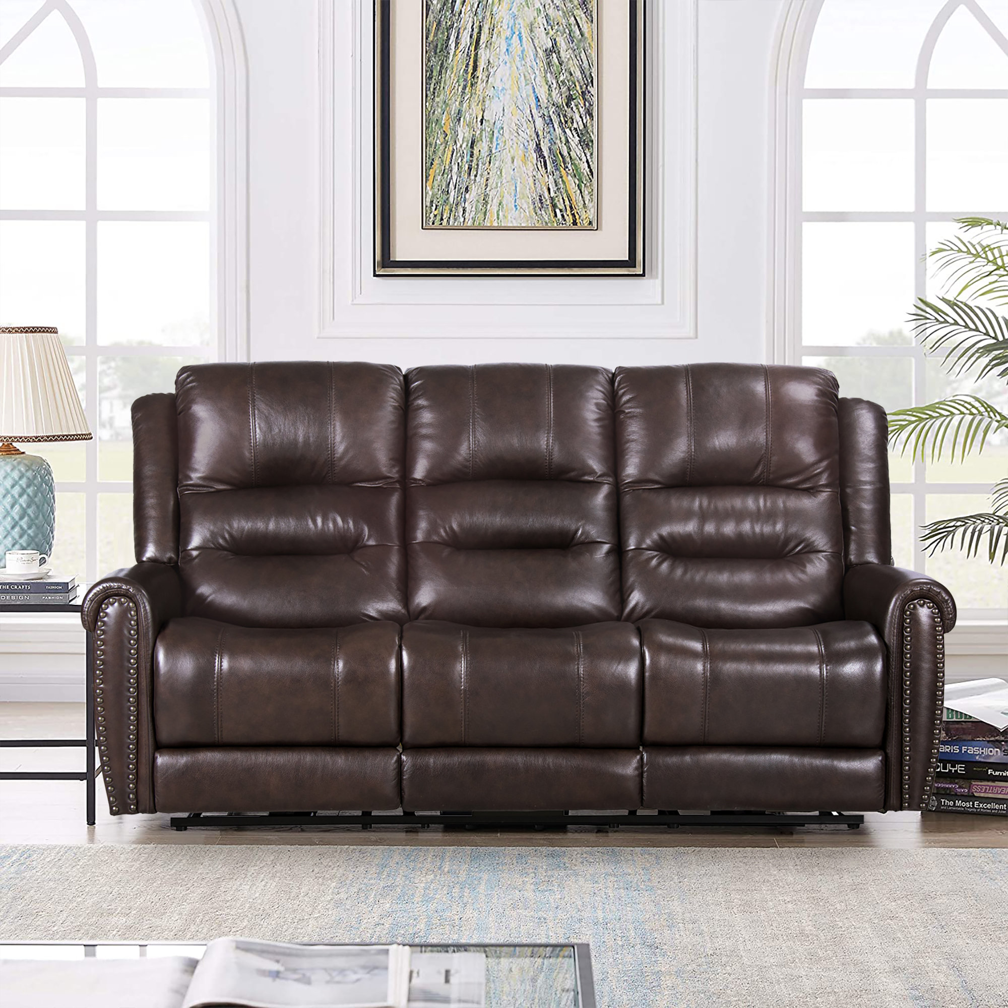 Winston Porter Genuine Leather Power Recliner 3-Seat Sofa With Drop ... pertaining to Exploring the Benefits of Power Reclining Sofa Mechanisms