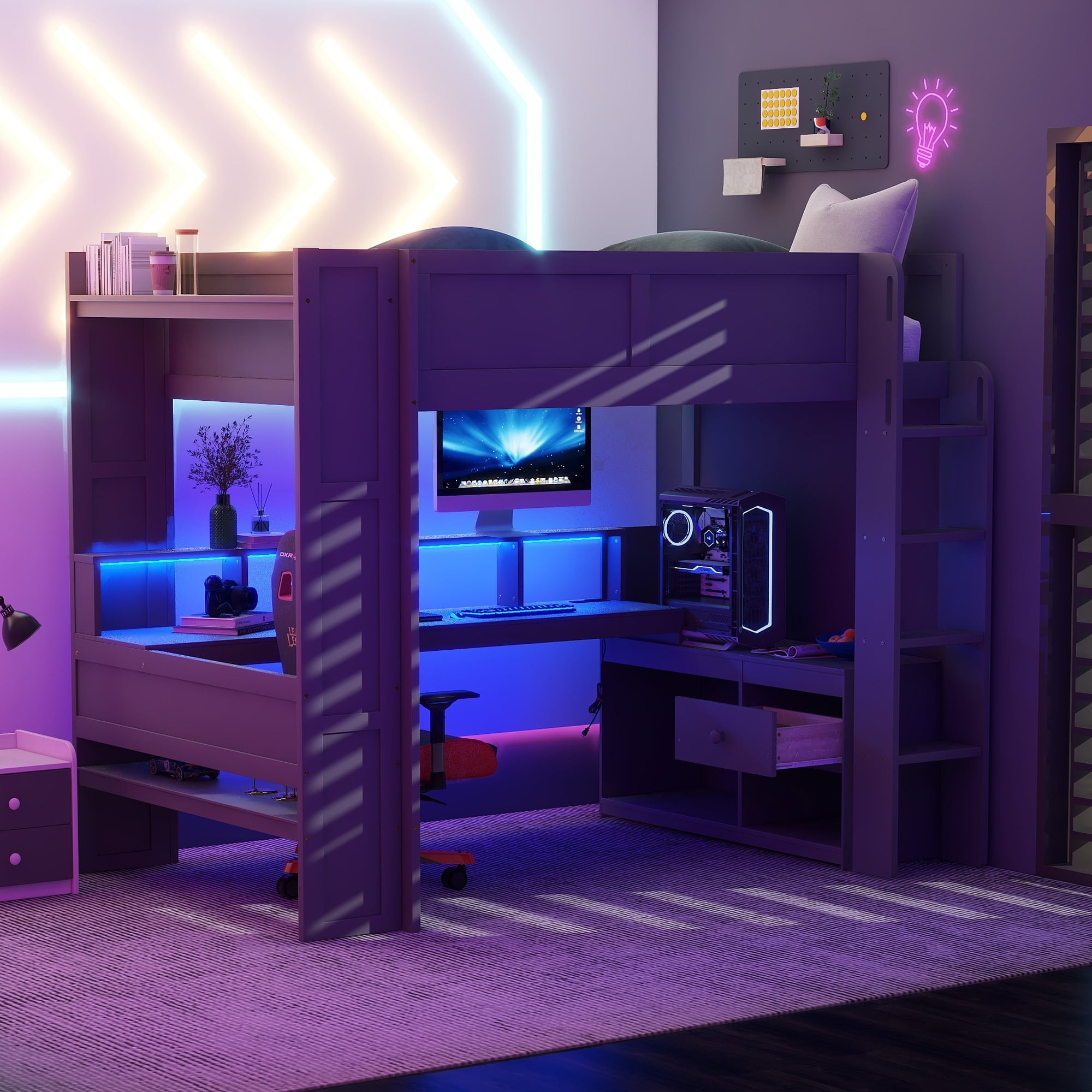 Wood Full Size Solid And Stable Gaming Loft Bed With Desk, Multi ... for Understanding the benefits of Gewnee Wood full size gaming loft bed with integrated desk