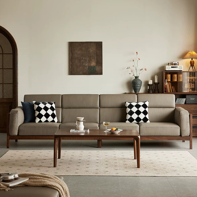 Yamoo North American Black Walnut Wood Sofa Nordic Minimalist Home ... within North American Black Walnut Solid Wood Light Luxury Leather Sofa, Leather Dark Green Small 3-Seater Sofa 80.5X35X36"