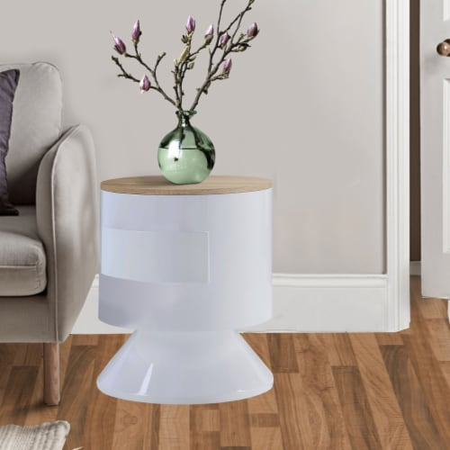 1 Drawer Pyramidal Base Circular Wooden Night Table, White And Brown, 1 ... in Benzara Bm204600 1 Drawer Pyramidal Circular Wooden Night Table, White And Brown