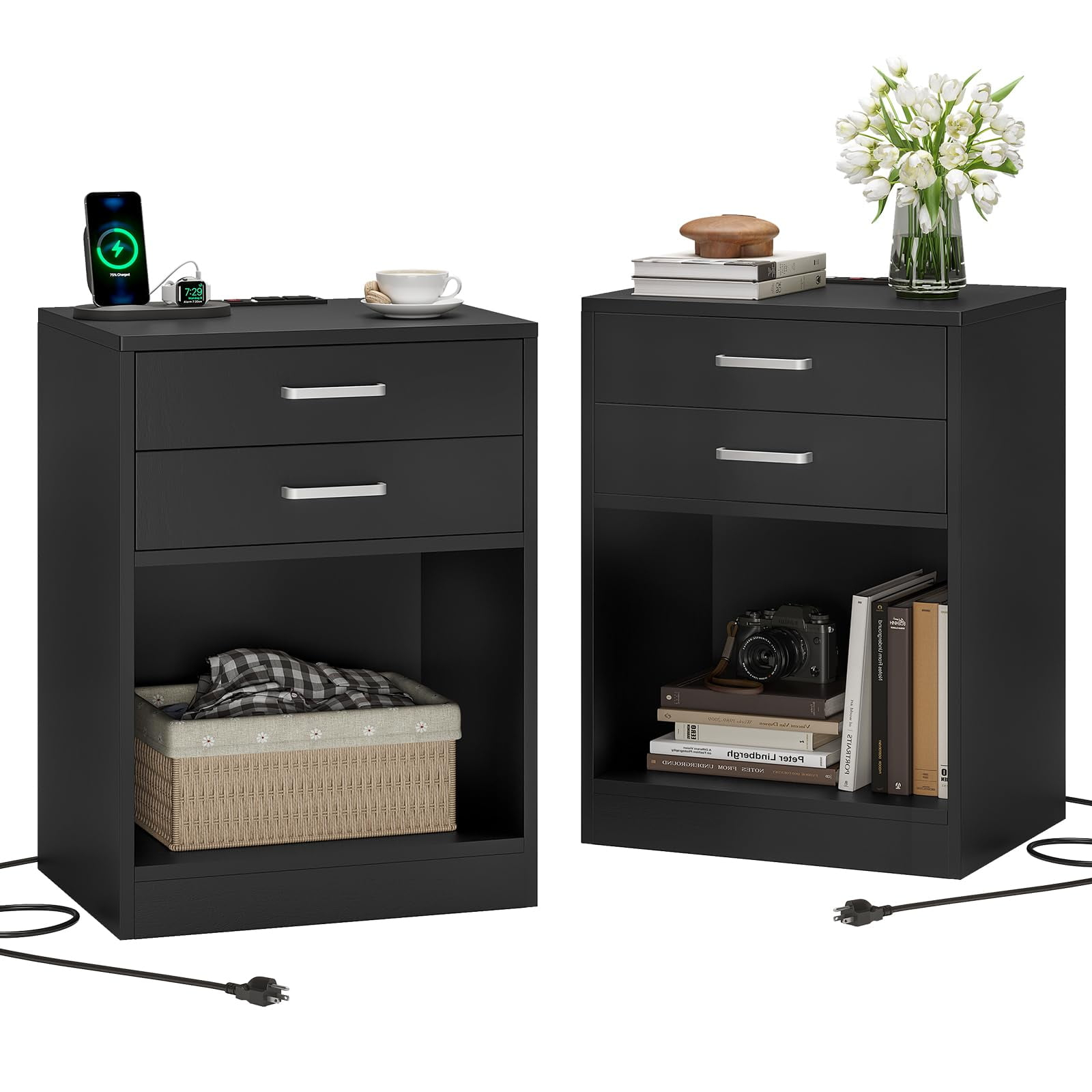 2-Set Nightstand With Charging Station, Drawers & Open Shelf For ... intended for Set Of 2 Nightstand, Lower Open Shelf & Upper Drawer