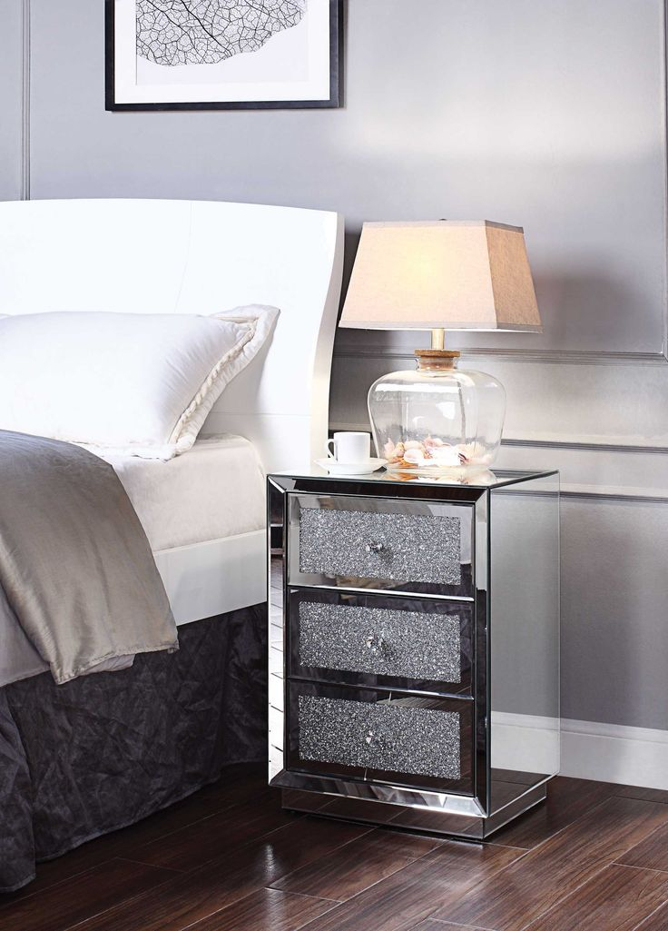 3 Drawer Wooden Nightstand With Mirror Trim And Faux Crystal Inlay ... with regard to Exploring the Craftsmanship Behind Benzara BM218538 Wooden Nightstand