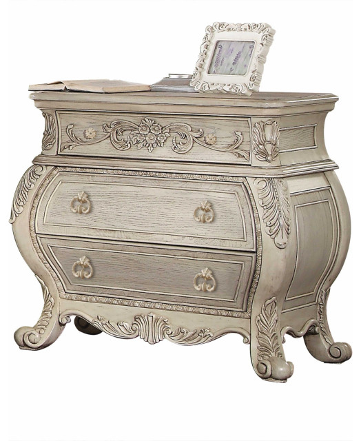 34" Antiqued White Three Drawers Solid Wood Nightstand - Victorian ... inside 34" Champagne Novelty Three Drawers Solid Wood Nightstand