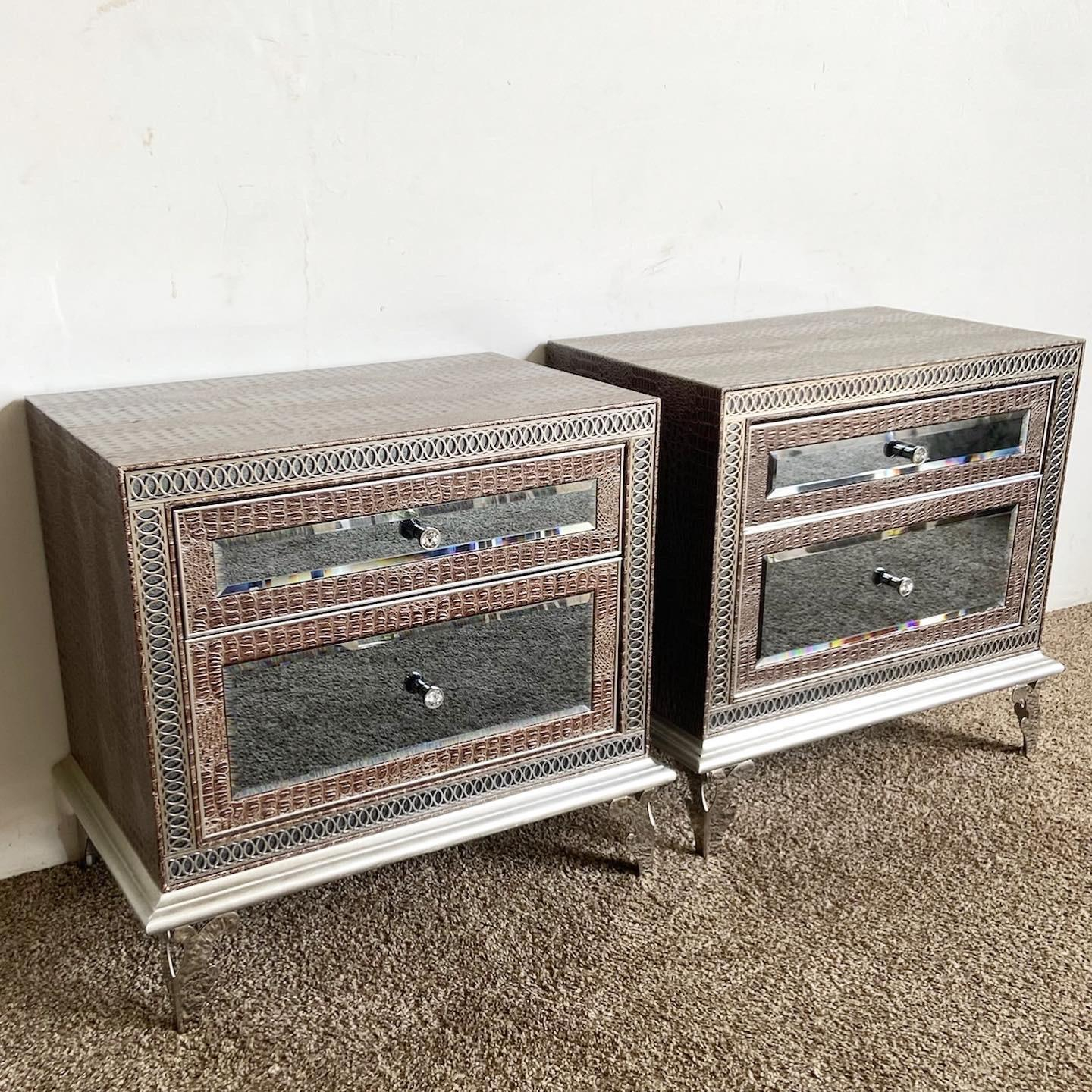 Aico Hollywood Swank Upholstered Nightstand In Amazing Faux Gator For ... regarding Elegant Nightstand, Sparkling Trim Accent & Faux Crystal Knobs