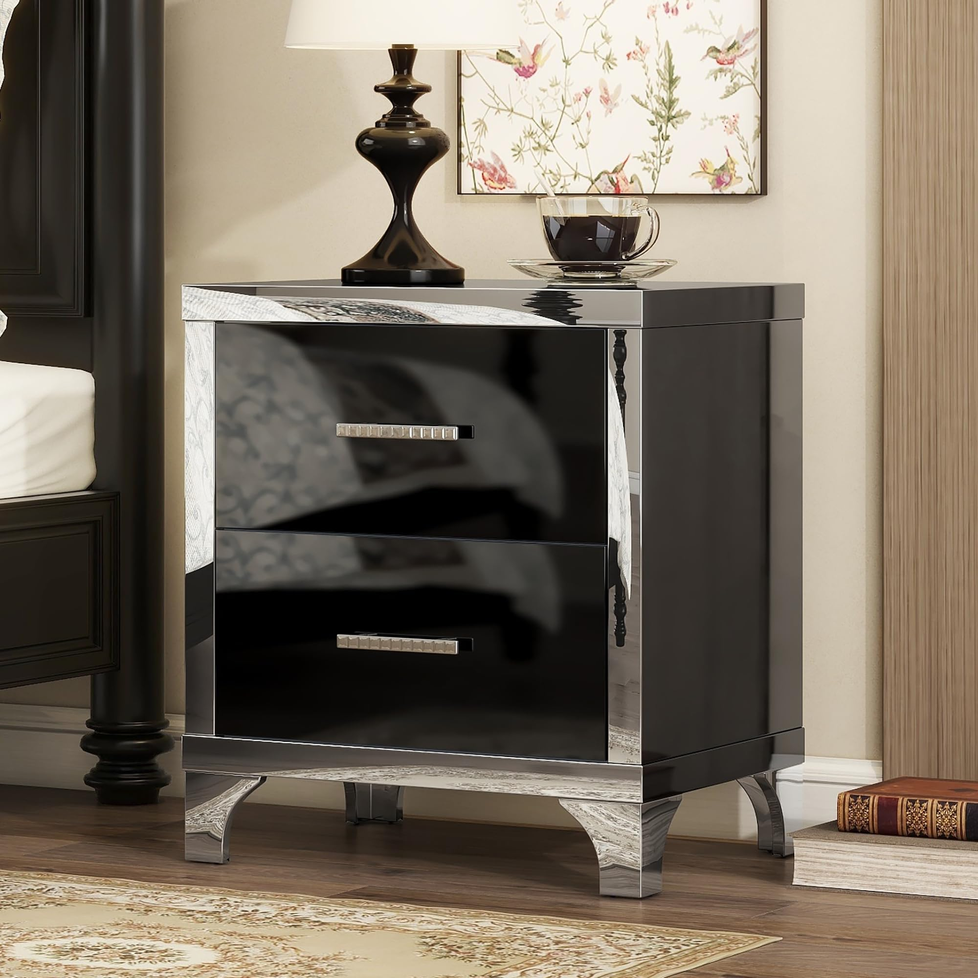 Amazon.com: Flieks Elegant High Gloss Nightstand With Metal Handle ... with regard to Exploring the Aesthetic Appeal of Black Lacquer Surfaces in Modern Interior Design