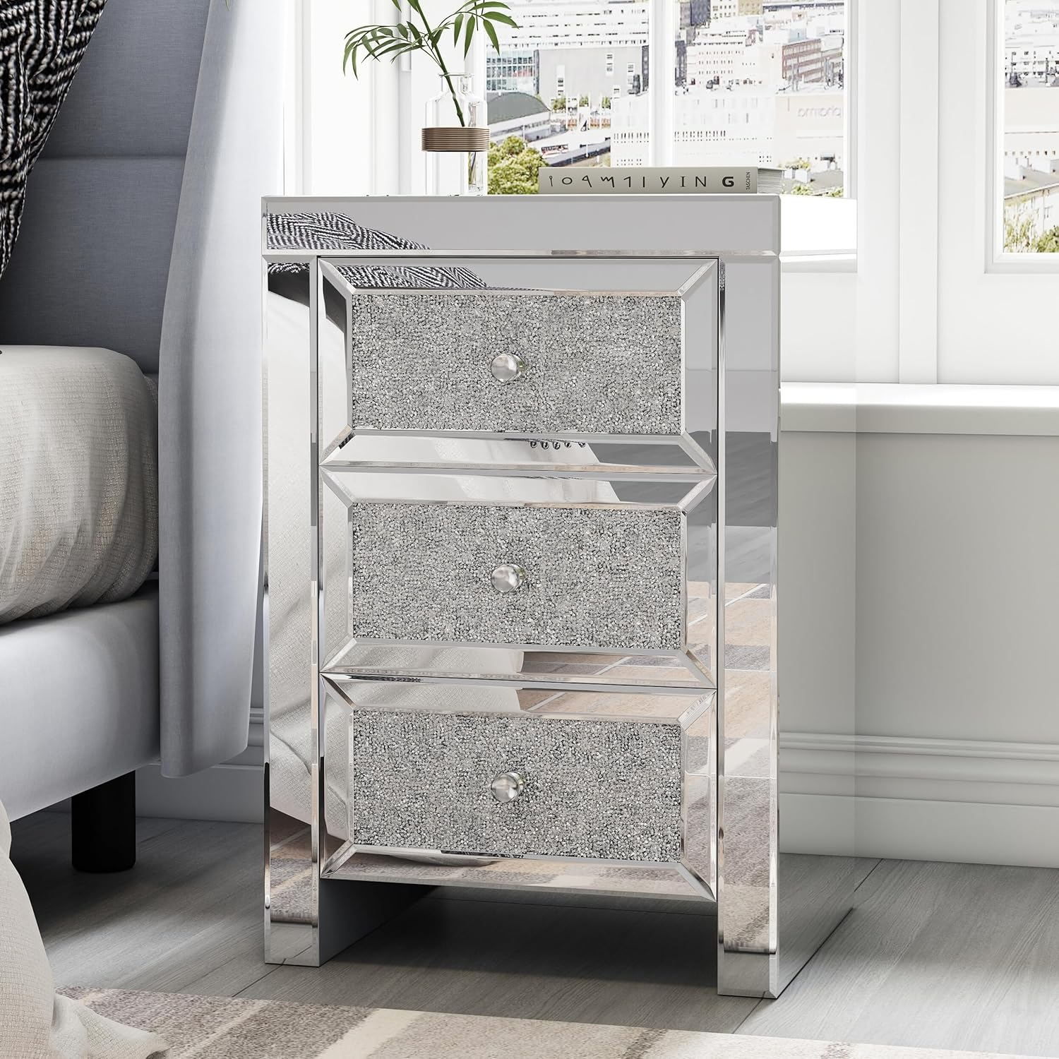 Amazon.com: Foeksgor Mirrored Nightstand With 3-Drawer, Crushed Diamond ... with regard to Benzara Bm225703 2 Drawer Beveled Mirrored Nightstand, Glass Top & Led, Silver