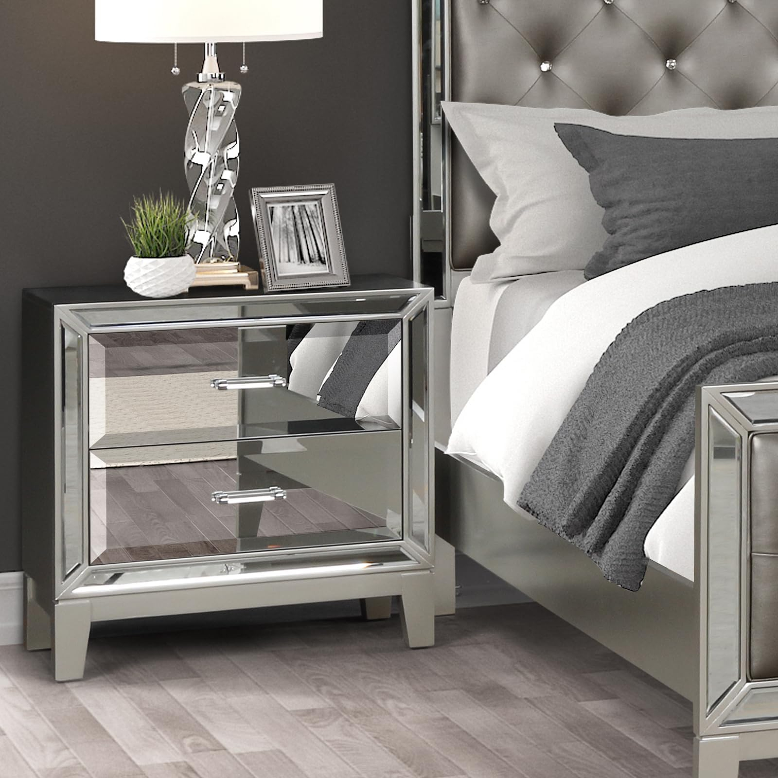 Amazon.com: Mirrored Nightstand With 2-Drawers, Silver Night Stand ... throughout Design considerations for 18 inch manufactured wood nightstands with two drawers