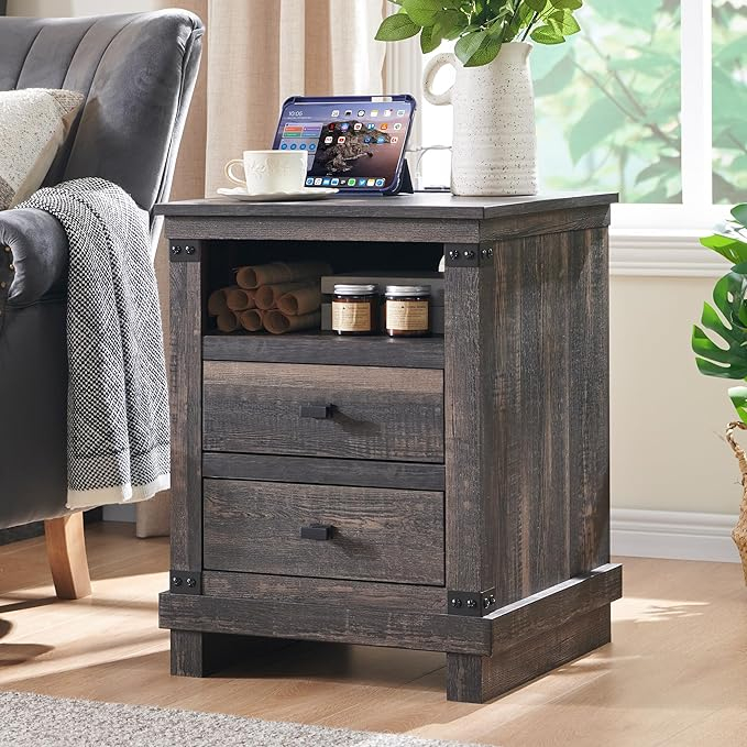 Amazon.com: Redlemon Farmhouse Nightstand With Charging Station, 18 ... inside Creating Warmth with Cathedral Dark Rustic Pecan Wood Bedroom Furniture