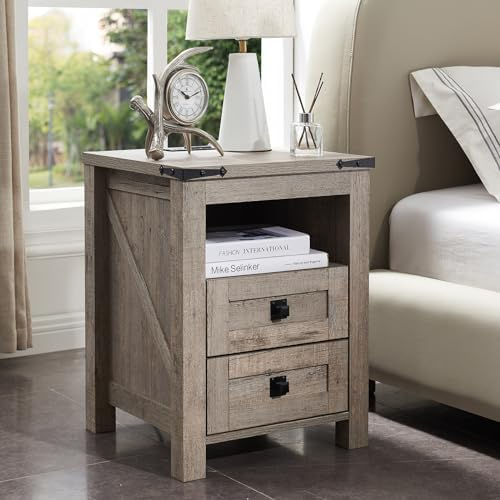 Amazon.com: T4Tream Farmhouse Nightstand With Charging Station, 18" End ... with The Art of Crafting Distressed Finish on Wooden Nightstands