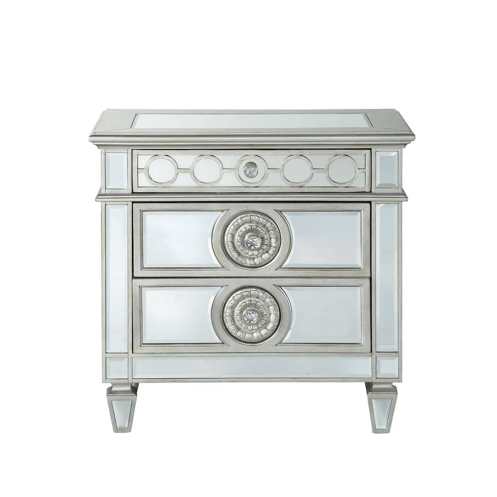 Antique Mirrored Nightstand intended for Mirrored Nightstand, 3 Storage Drawers And Antique Brass Trim Accent, Silver