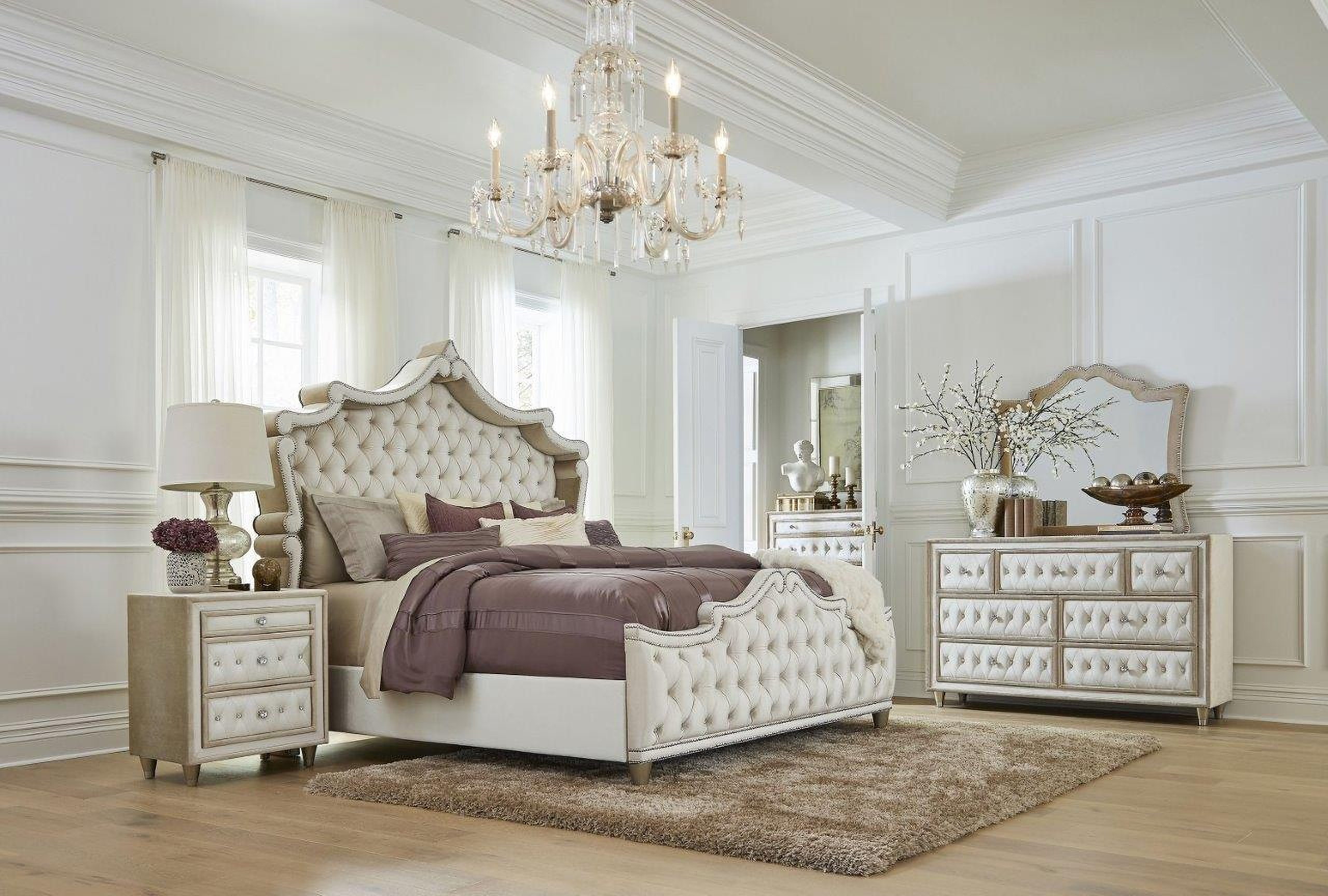 Antonella Upholstered Panel Bedroom Set In Ivory And Camel By Coaster ... in Coaster Antonella 3-Drawer Upholstered Velvet Nightstand In Ivory And Camel