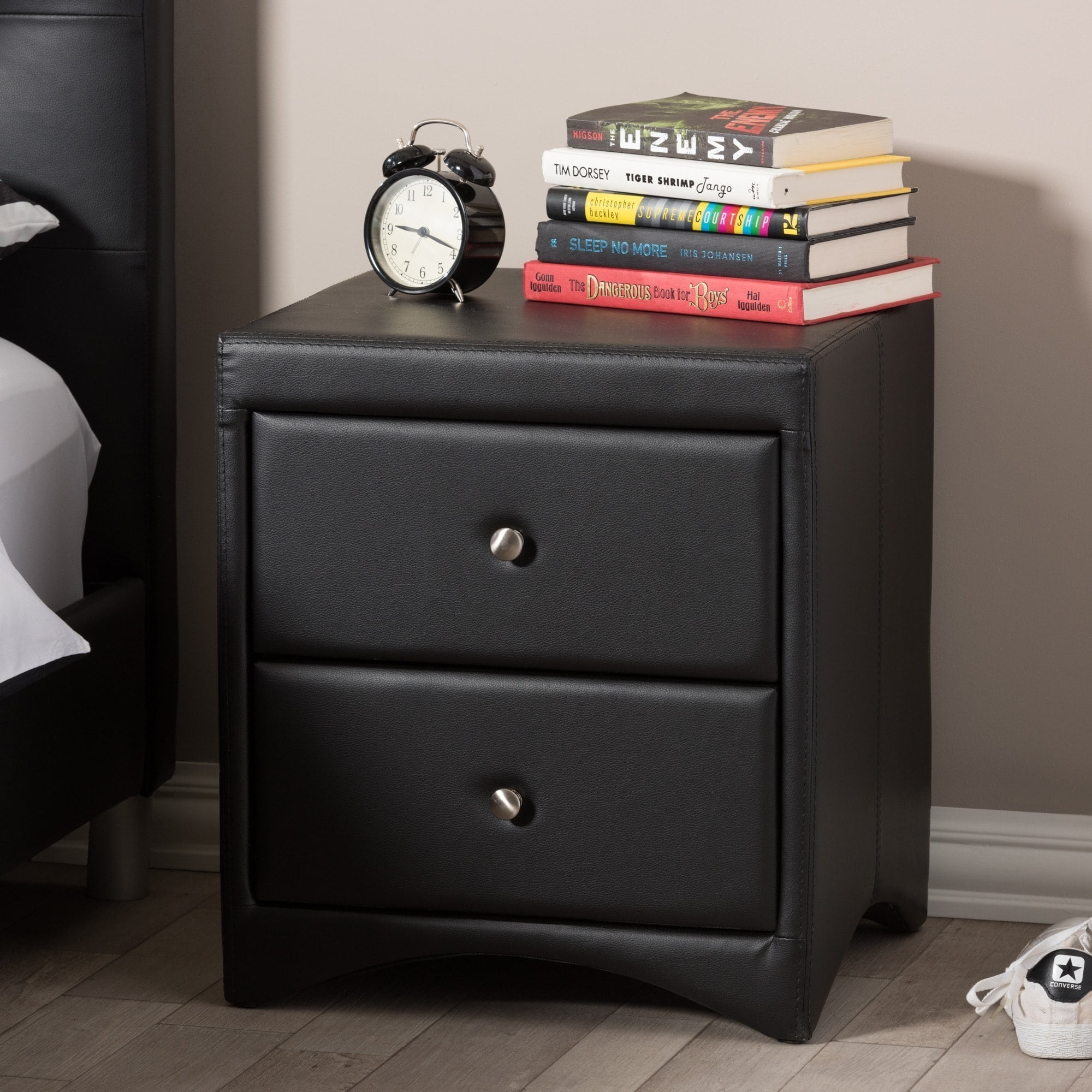 Baxton Studio Dorian Black Faux Leather Upholstered Modern Nightstand ... pertaining to The Art of Balancing Form and Function in Bedroom Decor