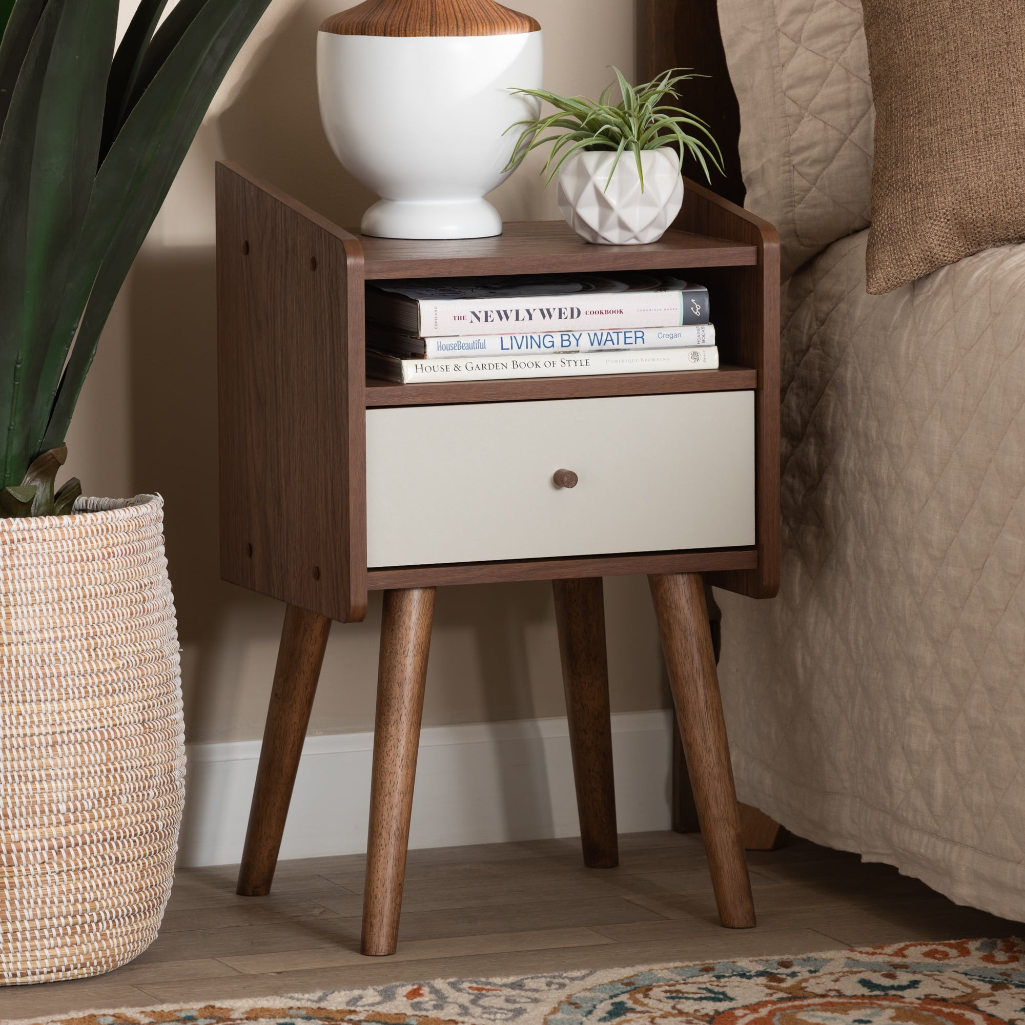 Baxton Studio Elario Mid-Century Modern Two-Tone White And Walnut Brown ... pertaining to Mid-Century Modern Walnut Brown Finished 1-Drawer Wood Nightstand