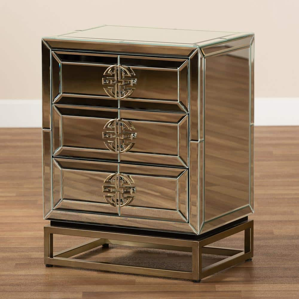 Baxton Studio Laken 3-Drawer Mirrored And Sliver Nightstand 26 In. H X ... pertaining to Laken Glam And Luxe Mirrored And Antique Bronze Finished 3-Drawer Nightstand