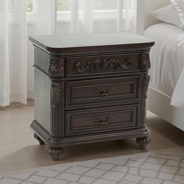 Benjara 17 In. Brown 3 Drawer Engraved Wooden Nightstand Bm232130 - The ... pertaining to How to choose the right bedroom furniture for your space