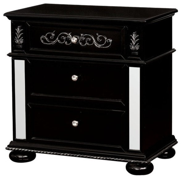Benzara Bm187258 3 Drawer Wood Nightstand With Crystal Knobs And Bun ... throughout Benzara Bm154517 Traditional Style 2 Drawers Wood Nightstand, Black