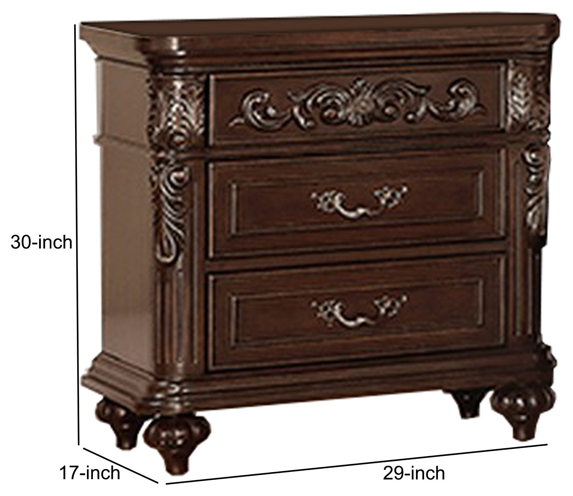 Benzara Bm232130 30" 3 Drawer Engraved Wooden Nightstand, Brown ... pertaining to Benzara Bm280272 26" 3 Drawer Accent Table Nightstand