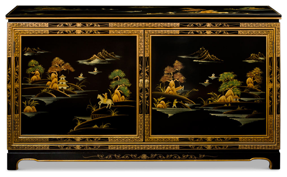 Black Lacquer Chinoiserie Scenery Motif Oriental Cabinet - Asian ... for Hand Painted Chinoiseries Scenery Motif Oriental Accent Cabinet