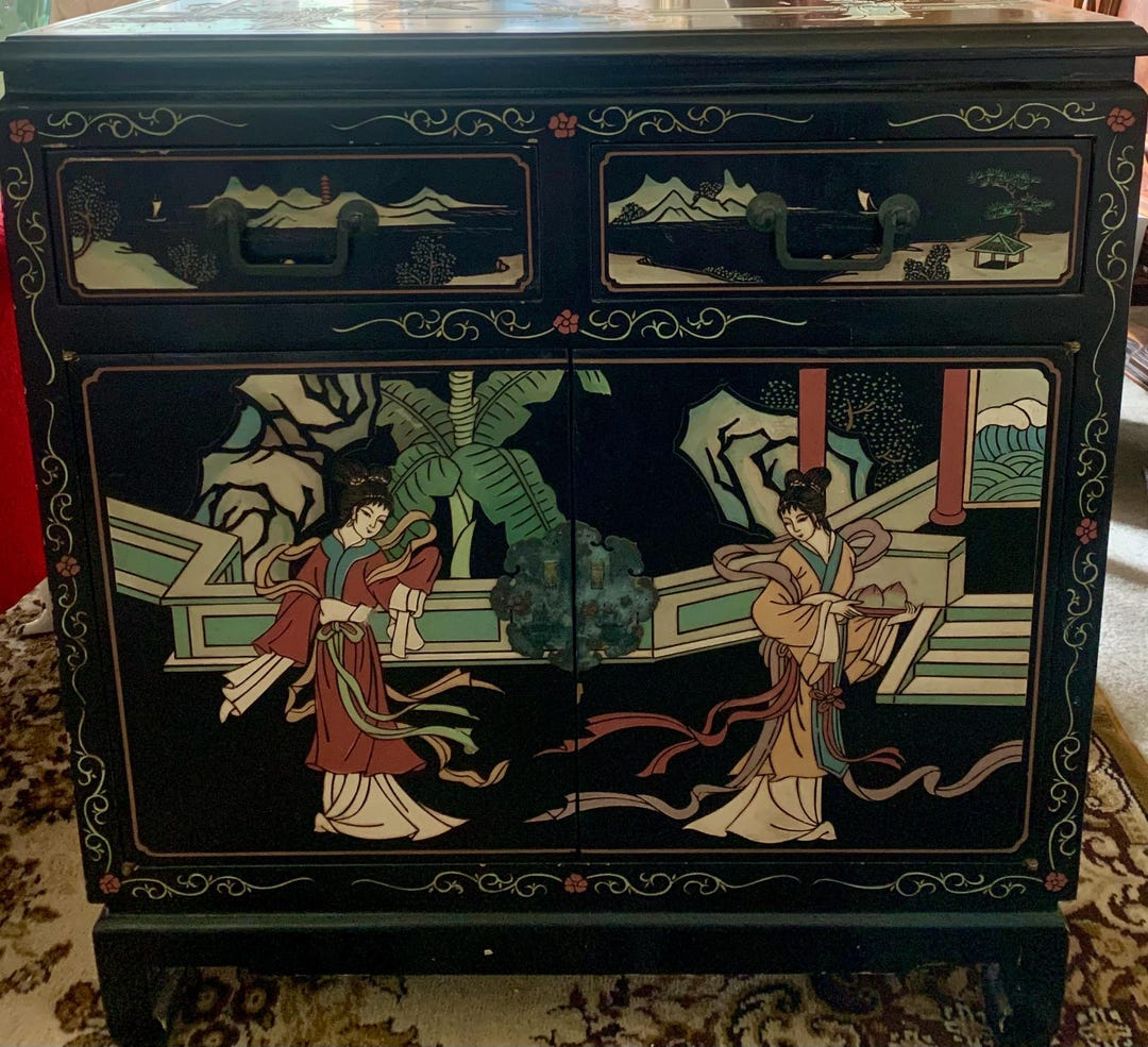 Black Oriental Chinoiserie Scenery Accent Cabinet Vintage 29X30X12 - Etsy inside Mastering the Techniques Behind Hand Painted Chinoiseries on Oriental Accent Furniture
