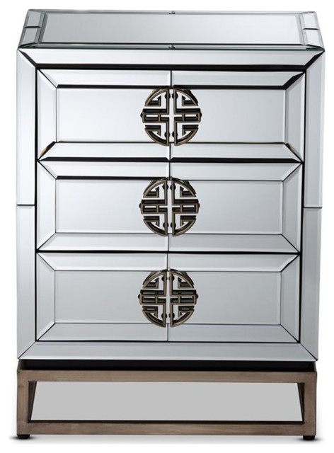 Bowery Hill Mirrored And Bronze Finished 3-Drawer Nightstand ... inside Bowery Hill Contemporary Glam And Luxe Mirrored 3-Drawer Nightstand