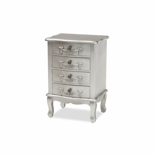 Callen Classic And Traditional Brushed Silver Finished Wood 4-Drawer ... with regard to Classic And Traditional Silver Finished Wood 3-Drawer Nightstand
