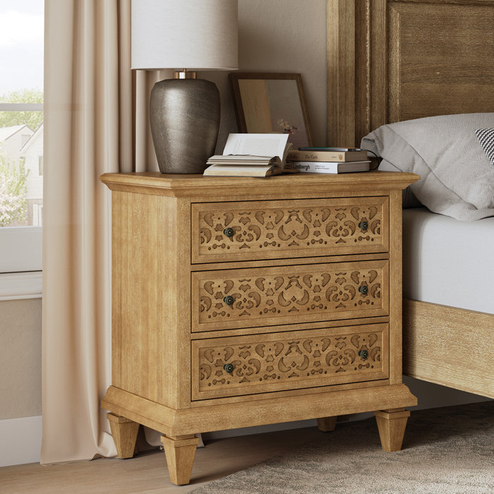 Canora Grey Talona 29'' W Transitional Carved 3 - Drawer Nightstand ... pertaining to Understanding the Value of Handcrafted Furniture