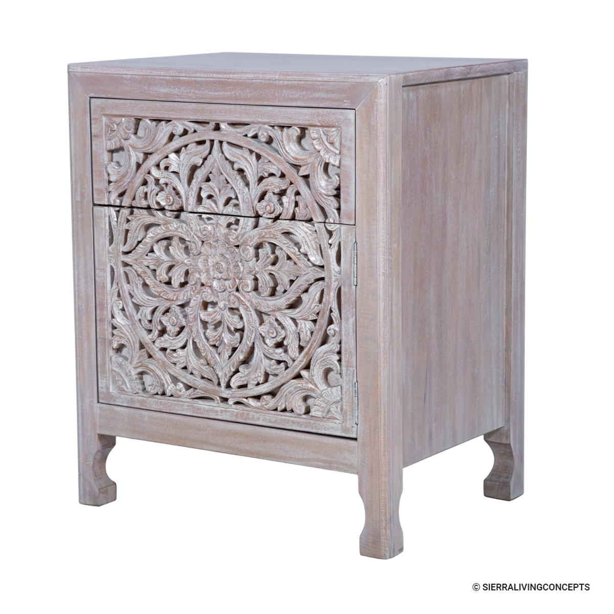 Cashel Distressed Mindi Wood Handcarved Nightstand in Reclaimed Wood Handcarved Floral Nightstand St114-Bl