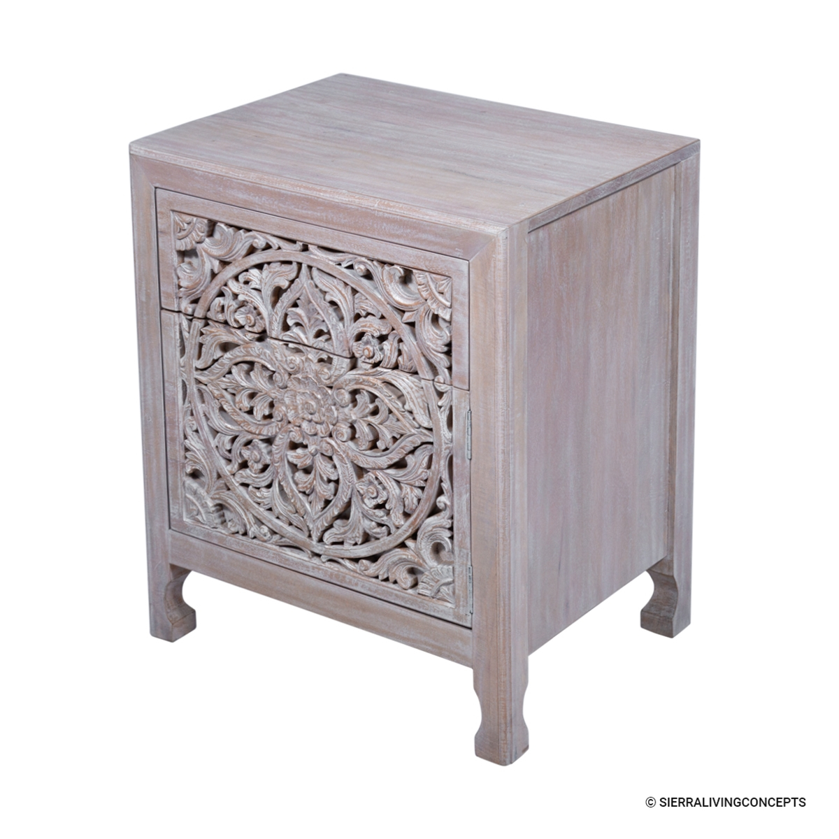 Cashel Distressed Mindi Wood Handcarved Nightstand with regard to Reclaimed Wood Handcarved Floral Nightstand St114-Bl