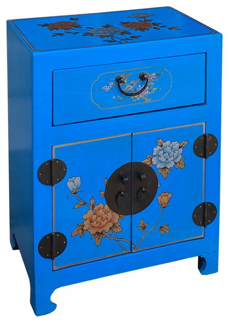 Chinese Bright Blue Vinyl Moon Face Flower Birds End Table Nightstand ... intended for Chinese Off White Vinyl Moon Face Flower Bird End Table Nightstand Hcs7549