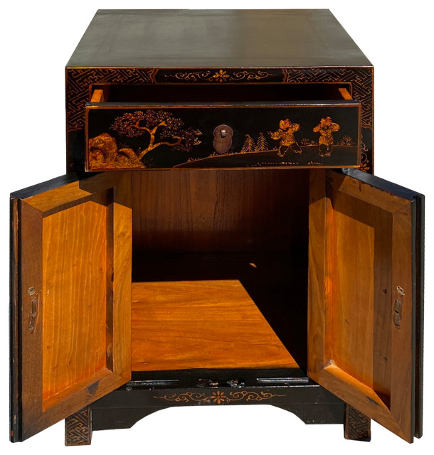 Chinese Distressed Black Copper Scenery Graphic End Table Nightstand ... intended for Chinese Distressed Off White Simple End Table Nightstand Hcs7447