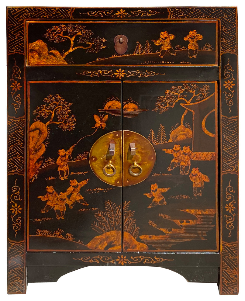 Chinese Distressed Black Copper Scenery Graphic End Table Nightstand ... intended for Distressed Black 3 Drawers Oriental End Table Nightstand Hcs7496