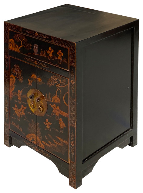 Chinese Distressed Black Copper Scenery Graphic End Table Nightstand ... throughout Exploring the Trend of Distressed Finishes in Home Furniture