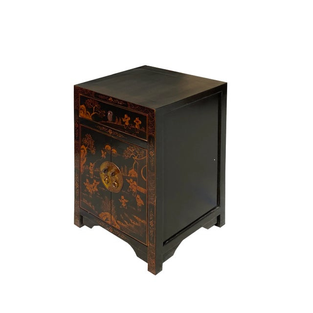 Chinese Distressed Black Copper Scenery Graphic End Table Nightstand ... with Distressed Black 3 Drawers Oriental End Table Nightstand Hcs7496