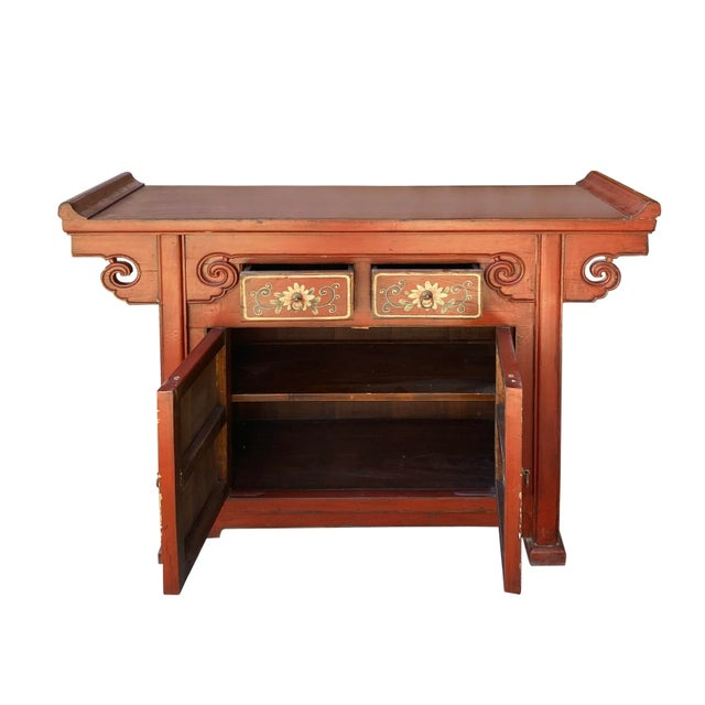 Chinese Distressed Brick Red Flower Altar Console Side Table Cabinet ... in Chinese Distressed Brick Red Carving Tall Side End Table Nightstand Hcs7611