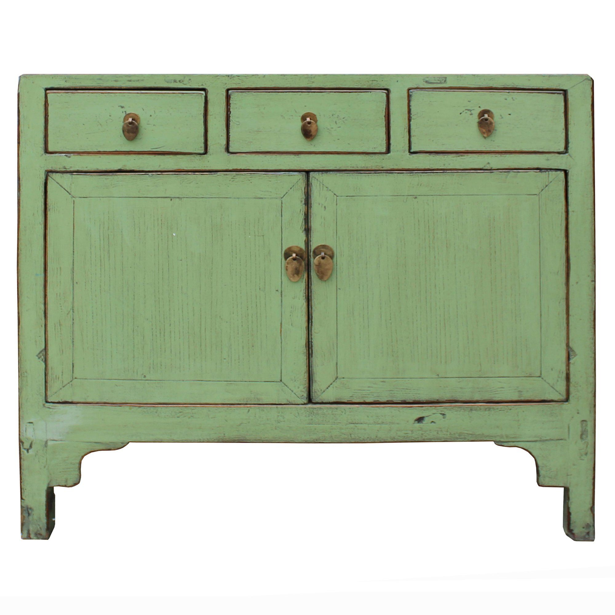 Chinese Distressed Rustic Light Sage Green Foyer Credenza Table Cabinet in Vintage Distressed Chinese Red Rim Green Doors Side Table Cabinet Hws4336