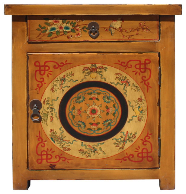 Chinese Oriental Distressed Mustard Yellow Graphic End Table Nightstand ... throughout Exploring the Trend of Distressed Finishes in Home Furniture