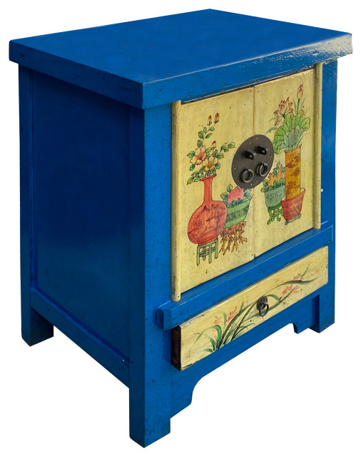 Chinese Rustic Bright Blue Yellow Graphic End Table Nightstand Hcs7421 ... within Tibetan Oriental Teal Blue Aqua Dragon Head Graphic End Table Nightstand Hws4829