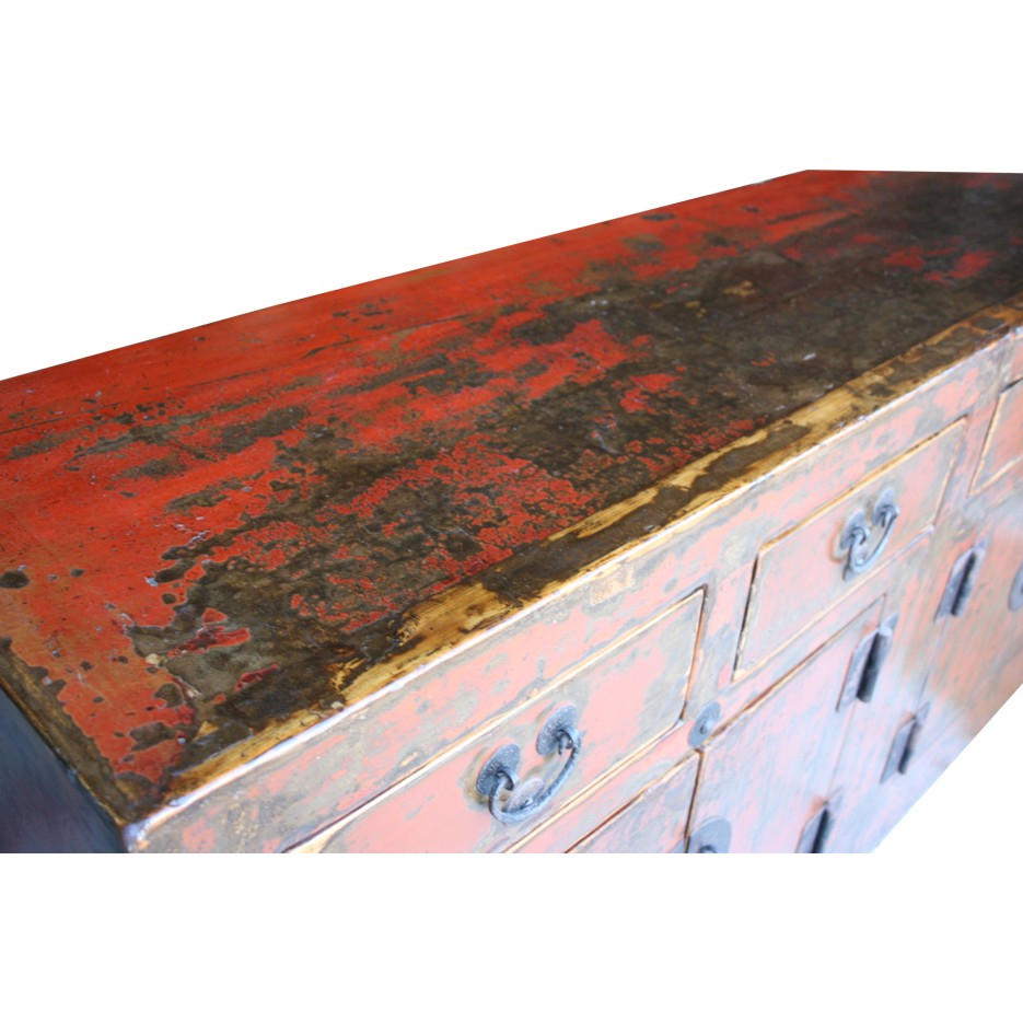 Chinese Sideboard Antique Red Distressed Patina with Vintage Distressed Chinese Red Rim Green Doors Side Table Cabinet Hws4336