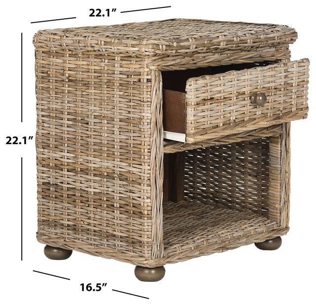 Coastal Nightstand, Natural Grey Wicker Frame With Bun Feet & Bottom ... for Coastal Nightstand, Black Painted Bun Feet And Abaca Rattan Body