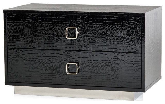 Contemporary Textured 2 Drawer Nightstand With Floating Plinth Base ... throughout Contemporary Nightstand, 2 Geometric Textured Drawers & Golden Hardware, Black