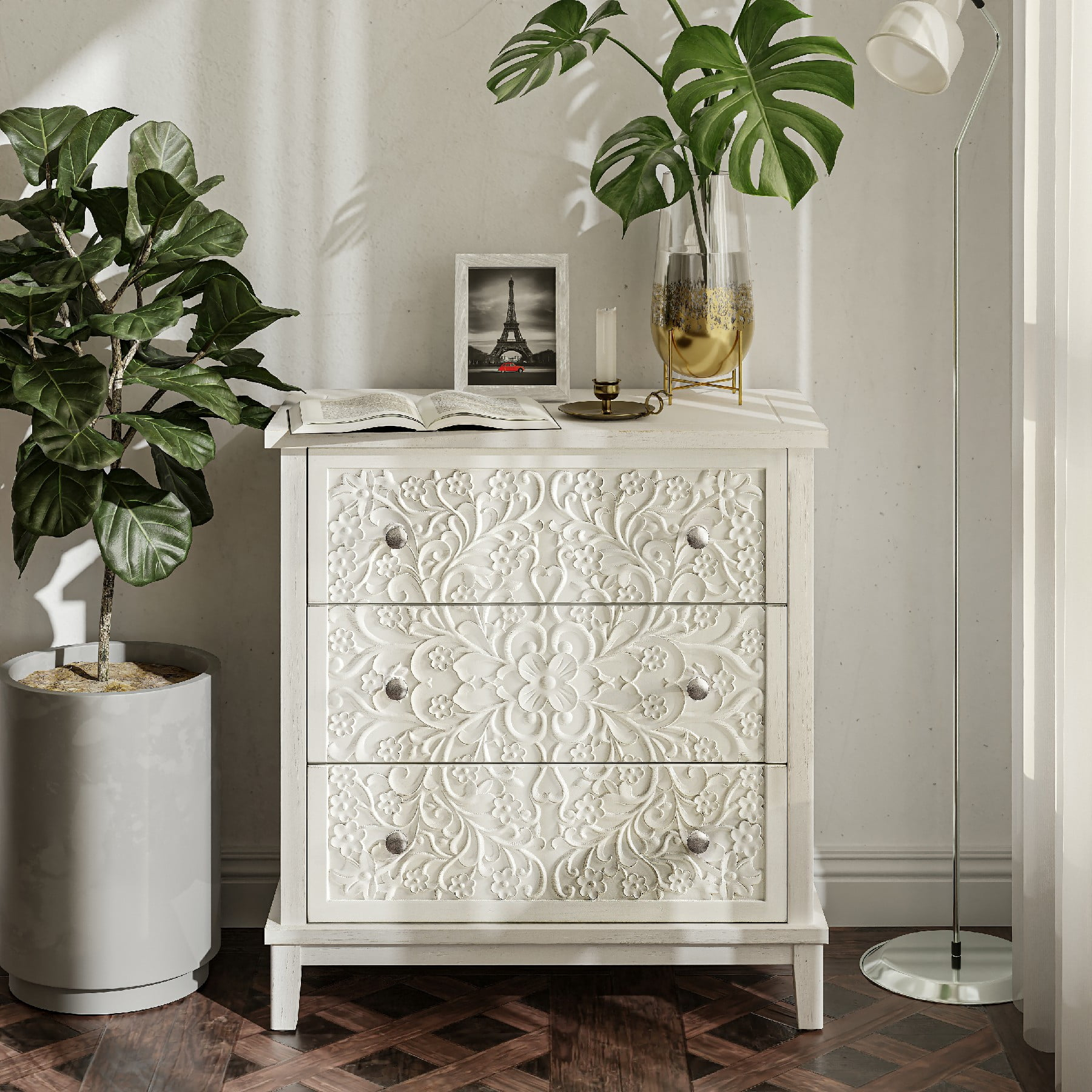 Cozayh Farmhouse 3-Drawer Nightstand, White-Washed End Table For Small ... for Delaney 3 Drawer Carved Nightstand, Distressed Off-White