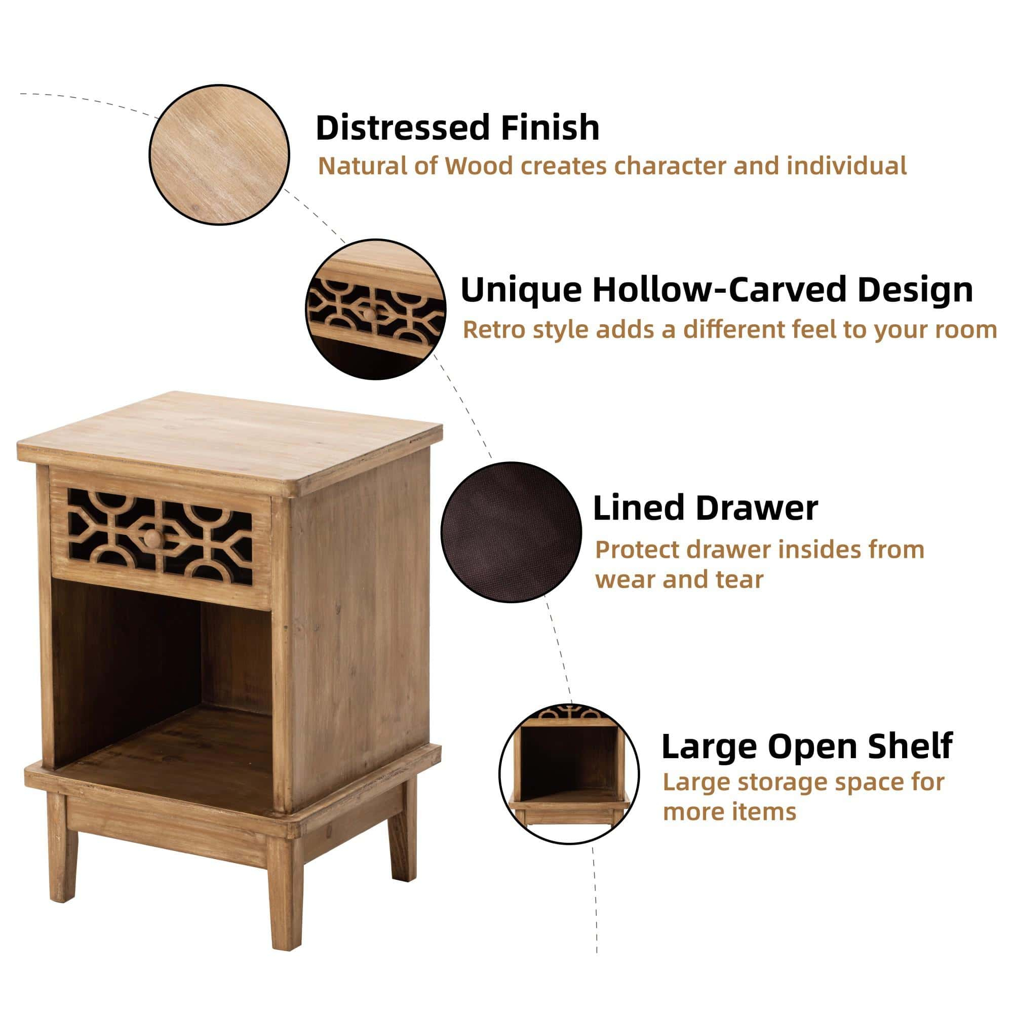 Cozayh Retro Rustic Nightstand Solid Fir End Table Side Table With Hand ... pertaining to Gdf Studio Farmhouse Hand-Carved Solid Wood Nightstand