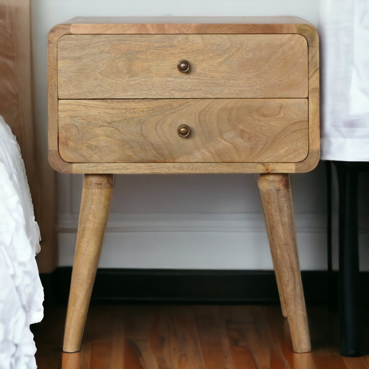 Curved Oak-Ish Bedside Dropshipping | Artisan Furniture Uk for Solid wood vs engineered materials in artisan bedroom furniture construction