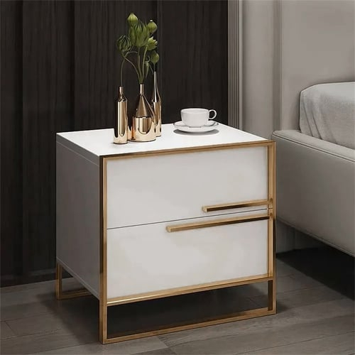Cylina 2-Drawer White Nightstand Minimalist Design In Gold | Homary throughout Minimalist Design Cylina 2-Drawer Nightstand in Gold Black