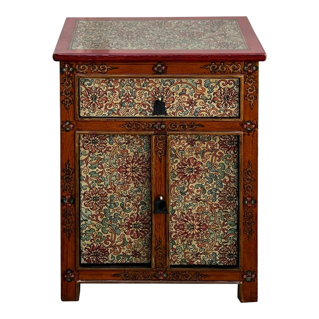 Distressed Red Orange Beige Tibetan Floral End Table Nightstand | Chairish regarding Red Black Tan Tibetan Floral End Side Table Nightstand Cabinet Hcs7472