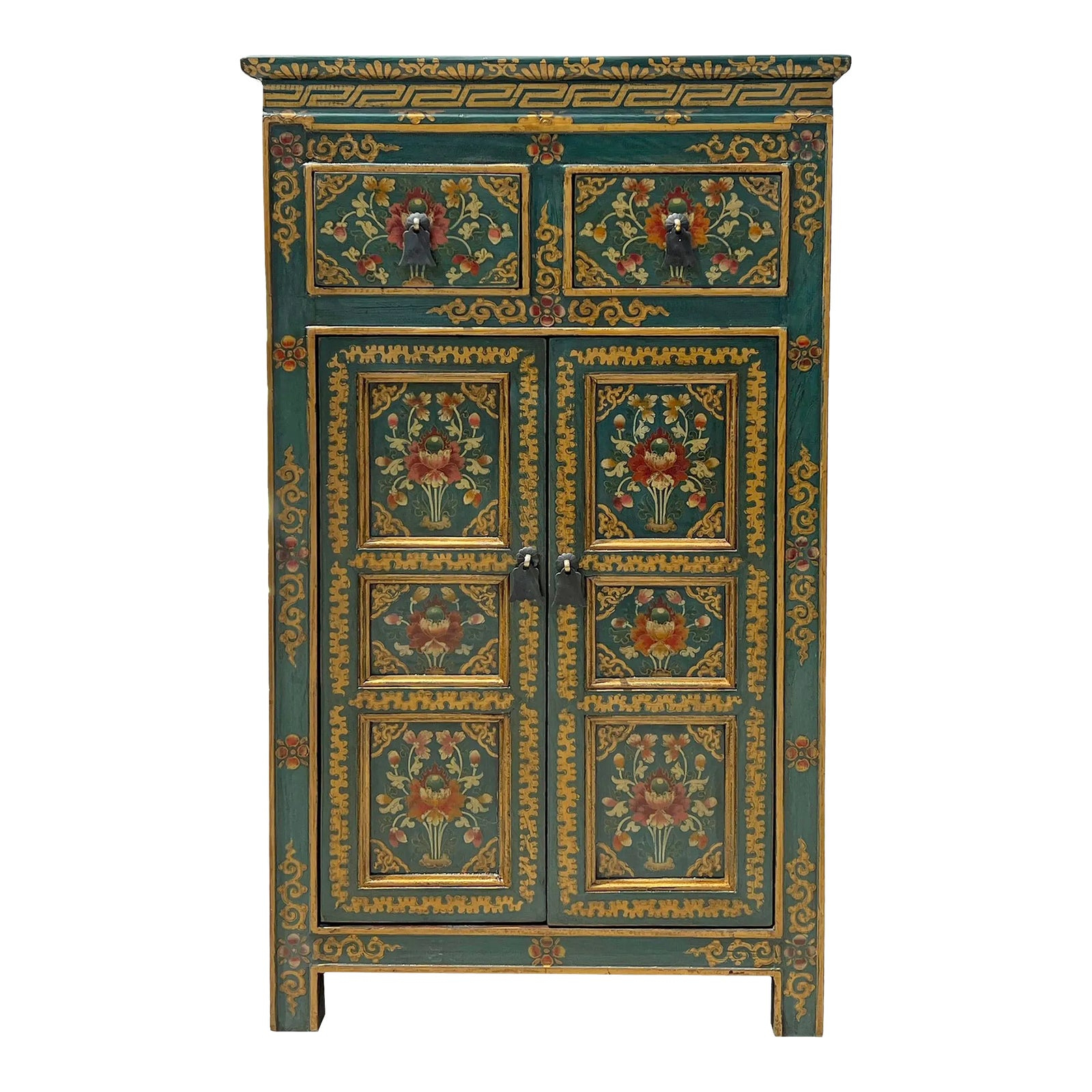 Distressed Teal Blue Green Tibetan Floral End Table Nightstand Cabinet ... regarding Distressed Ink Light Blue Mix Color Small End Table Nightstand Cabinet Hws4375