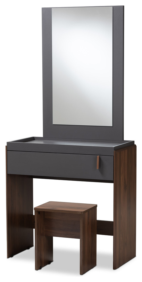Dolores Contemporary Two-Tone Gray And Walnut Bedroom Vanity With Stool ... regarding Dolores Contemporary Two-Tone Gray And Walnut 1-Drawer Nightstand
