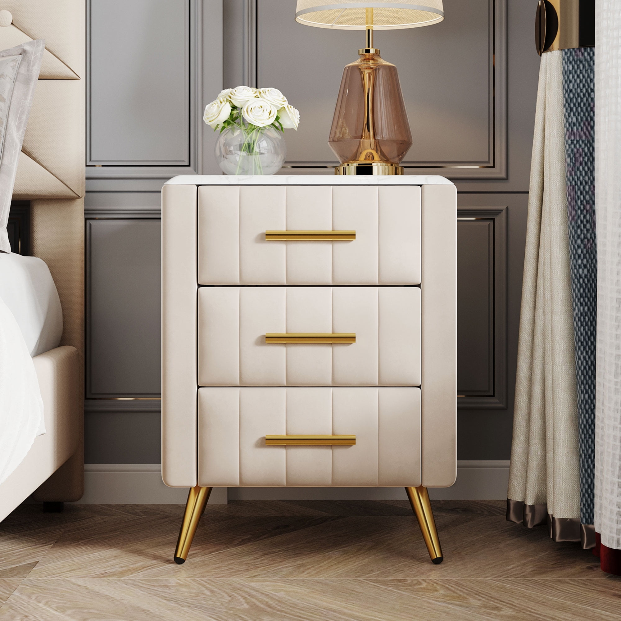 Elegant Velvet Upholstered 3 Drawer Nightstand With Metal Legs&Handles ... pertaining to Exploring the versatility of neutral color palettes in furniture