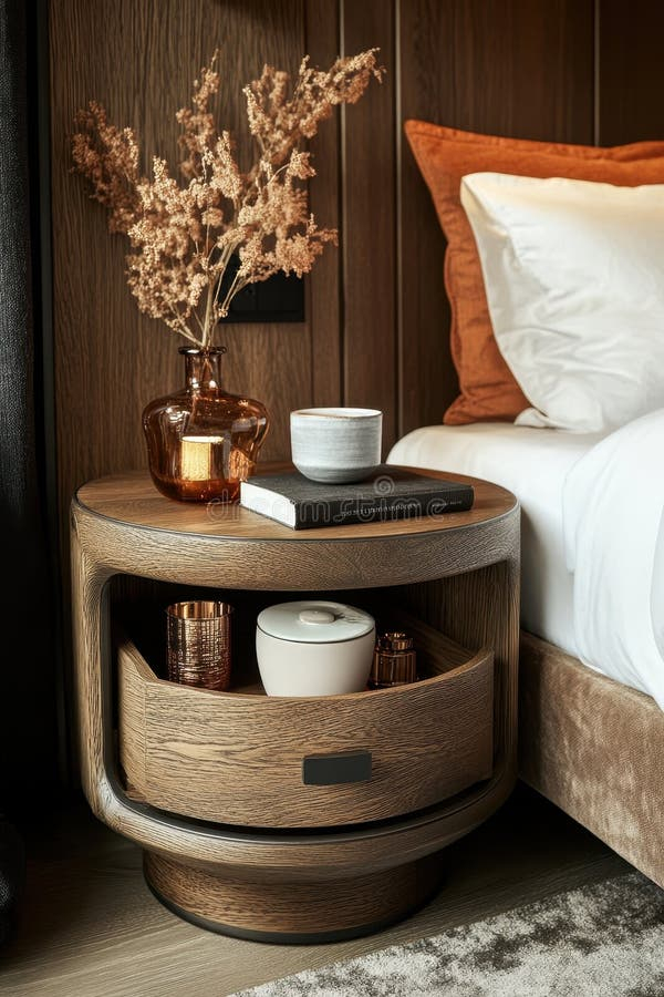 Elegant Wooden Nightstand Adorned With Decorative Elements In A Cozy ... regarding Contemporary Nightstand, Elegant Design, Arched Top & Glitter Accent, Platinum