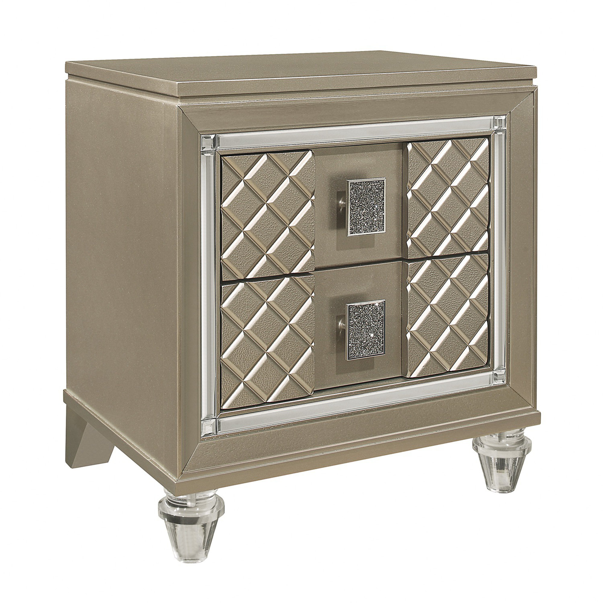 Everly Quinn Glamorous Champagne Finish 1Pc Nightstand Of 2 Drawers ... pertaining to Contemporary Nightstand, Bun Feet & Glamorous Mirror Trim Accent